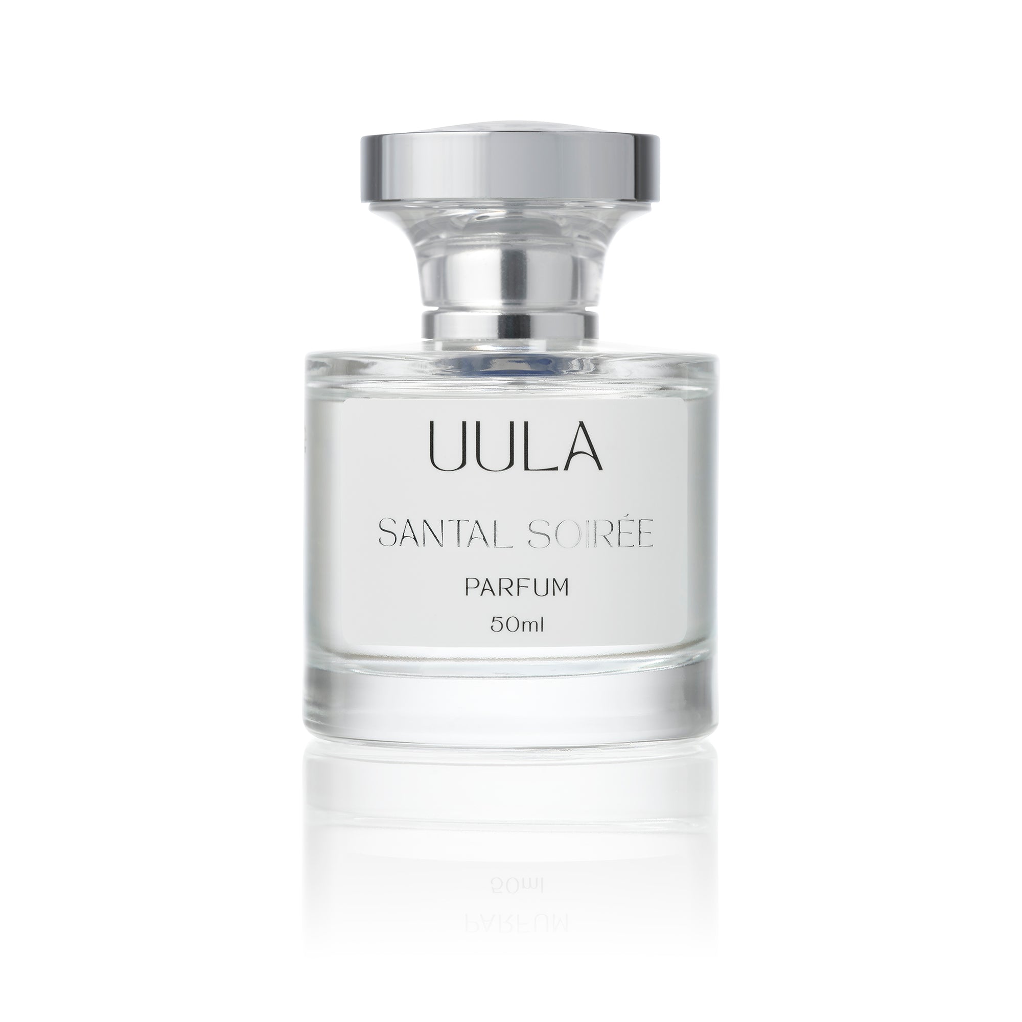 Front of Santal Soiree bottle. The fragrance is described as capturing an exotic sunset soiree with floral, woody, and musky notes. The bottle is elegant and inviting, representing romance and mystery.