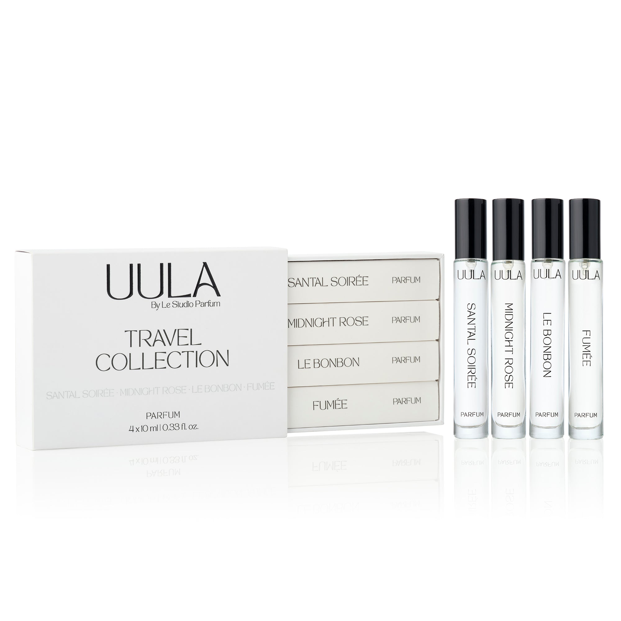 A luxurious box containing the UULA Travel Collection, showcasing four 10 ml fragrances. The collection is described as a perfume passport with scents for various occasions, including exotic sunsets, sophisticated evenings, starlit adventures, and joyous moments. The image conveys elegance and versatility.