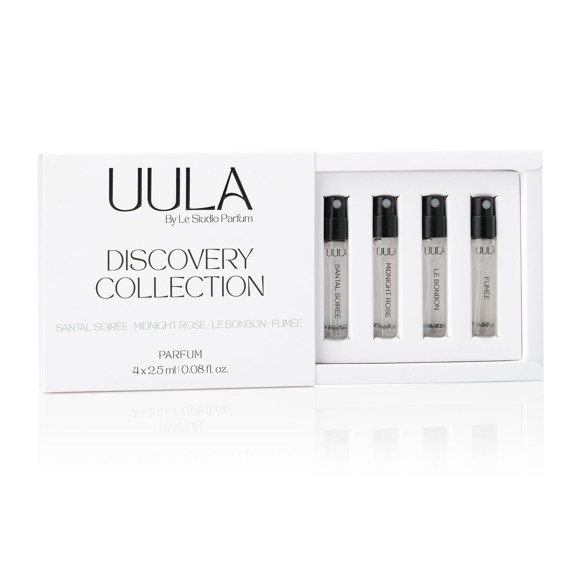 2.5ml vials and discovery collection box of the UULA fragrance range
