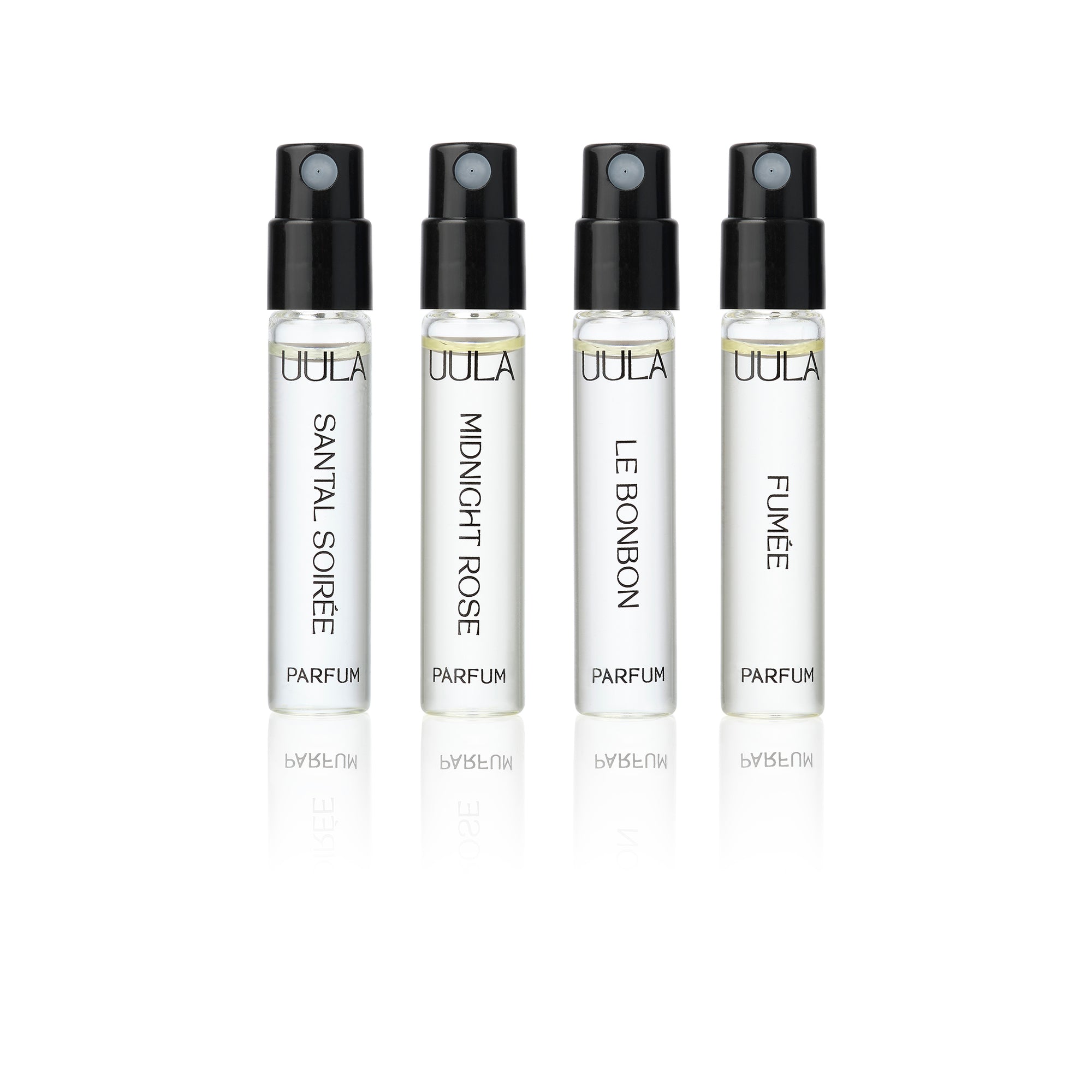 2.5ml vials of the UULA fragrance range, known as the discovery kit on a white background